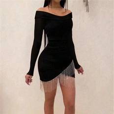 Shein Women Off Shoulder Fringed Long Sleeve Party Dress - Spring