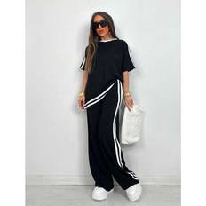 Stripes Suits Shein Plus Size Women Leisure T-Shirt Side Stripe With Pockets Pants - Multicolor