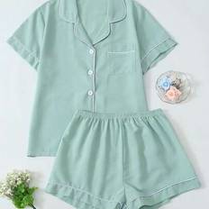 Women - Wool Sleepwear Shein Button Short Sleeve Top And Shorts Pajama Set - Spring Summer