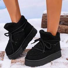 Black Curling Boots Shein Thick-Soled Lace-Up Short Tube Thermal Lined Shoes