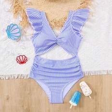 Blue Bathing Suits Shein Tween Girl Slim Fit Minimalist V-Neck Ruffle Trim Swimsuit