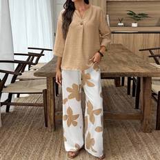 Florals Suits Shein Women Casual Solid Color Shirt Floral Pants Set