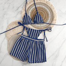 Stripes Bikinis Shein Boho Style Crochet Fabric Drawstring Swimsuit Set