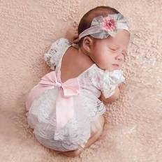 Pink Bodysuits Shein Newborn Girl Lace Romper Set Photoshoot Pink