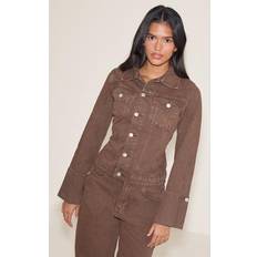 Brown - Denim Jackets PrettyLittleThing Turn Up Cuff Cinched Back Denim Jacket - Brown