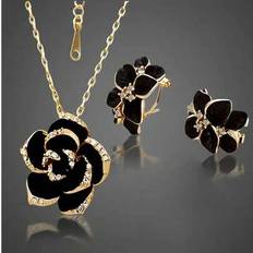 Black Jewellery Sets Shein 3pcs Elegant Black Rose Flower Earrings Necklace - Black