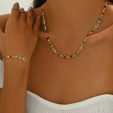 Multicoloured - Women Jewellery Sets Shein Versatile Elegant Colorful Rhinestone Necklace Bracelet Set - Colorful