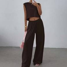 Shein Round Neck Casual Loose Top Pants Set - Brown