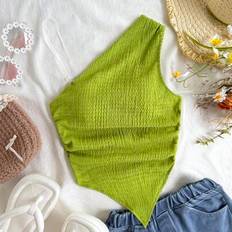 Green Tank Tops Children's Clothing Shein Tween Girl Plain Green Asymmetric Knit Tank Top