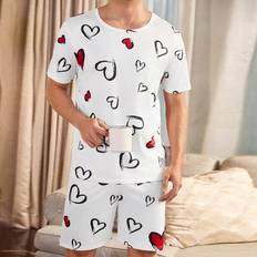 Men - White Pyjamas Shein Heart Printed Casual Men's Pajama Set