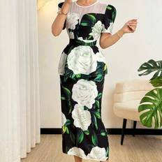 Florals - Women Suits Shein Floral Print Cinched Waist Short Sleeve Top Mini Skirt Set - Green
