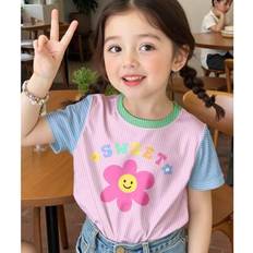 Stripes T-shirts Shein Vintage Cute Colorful Stripe Floral Neck Short Sleeve T-Shirt - Colorful