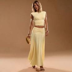 Women - Yellow Suits Shein Summer Butter Yellow Boatneck Waist Pinching Top Set - Birthday