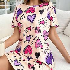 Multicoloured Nightgowns Shein Heart Letter Print Round Neck Short Sleeve T-Shirt - Nightgown
