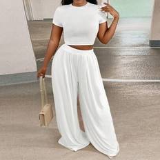 Shein Casual Solid Crop Round Neck Short Sleeve Tee Loose Wide Leg Pants - Two Pieces