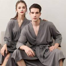 Grey - Unisex Robes Shein Same Style For Men And Women V-Neck Bathrobe