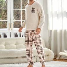Multicoloured Pyjamas Shein Men Letter Embroidery Flannel PJ Set - Pajama