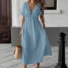 Clothing Shein Bowknot Casual Midi Dress For Women - Blue