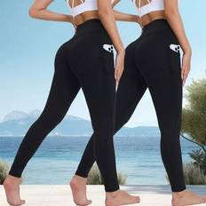 Black - Running Tights & Stay-Ups Shein Summer Workout 2 Pairs High Waist Slimming Leggings - C