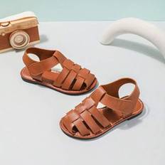 Brown Sandals Shein Plain Color Cross Strap PU Flat Sandals - Closed Toe