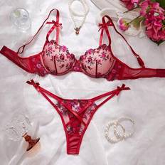 Florals - Women Lingerie Sets Shein Sexy Women Lingerie Set Burgundy Bra Panty Mesh Ditsy - Burgundy Bra Panty