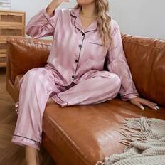 Stripes Pyjamas Shein Plus Striped Jacquard Contrast Piping Satin PJ Set