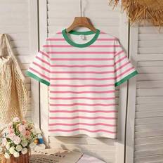 Stripes T-shirts Shein Girls Striped Print Loose Fit Round Neck T-Shirt - Pink