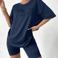 Shein Women Summer Casual Letter Embossed T-Shirt Set