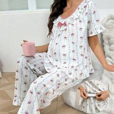Shein Maternity Countryside Style V-Neck Ruffle Trim Short Sleeve Set
