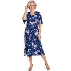 Amber Print Pleat Bodice Occasion Dress Angel Sleeve V-Neck Floral Design - Navy