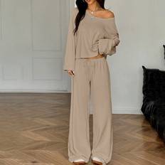 Women - Wool Suits Shein Solid Asymmetric Collar Long Sleeve Top And Waist Tie Pants - Casual