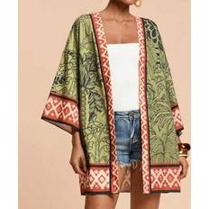 Multicoloured Swimsuit Cover-Ups & Sarong Wraps Shein Palm Tree Printed Long Sleeve Kimono Cover Up - Backless