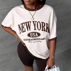 Camouflage Suits Shein Letter Graphic Round Neck Short Sleeve Top Camouflage Pants - Music Festival Sporting