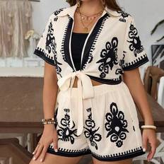 Multicoloured - Women Suits Shein Plus Size Floral Print Tie-Front Collared Blouse Shorts Set