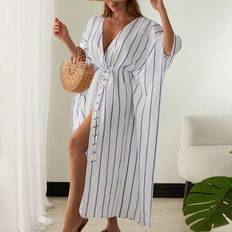 Stripes - Women Swimsuit Cover-Ups & Sarong Wraps Shein Summer Vacation Striped Loose Drawstring Waist Cover Up