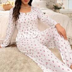 Multicoloured Pyjamas Shein Plus Size Floral Printed Lace Trimmed Pajama Set