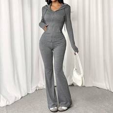 Shein Solid Color Hooded Zip-Up Top Casual Flare Pants Set - Spring Summer