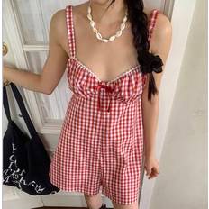 Checkered Jumpsuits & Overalls Shein Cotton Ginghem Print Sleeveless Backless Jumpsuit - Red White