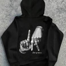 Black Hoodies Shein Casual Minimalist Hand Gesture Pattern Hoodie Sweatshirt - Black