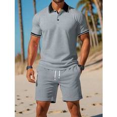 Breathable - Men Suits Shein Men's Casual Polo Shirt And Shorts Set - Breathable