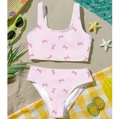 Shein Cute Pink Striped Bow Print Tween Girls Camisole Set - Pink