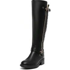 Vegan High Boots Shein Faux Furs-Lined Black Warm Winter Knee High Boots - Black