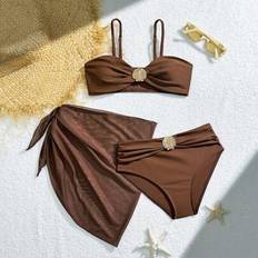 Brown Bikinis Children's Clothing Shein Tween Girls Metal Decor Bikini Set With Sheer Coverup Midi Skirt