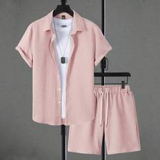 Men - Pink Suits Shein Summer Casual Solid Color Short Set Two Pieces - Men