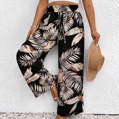 Multicoloured - Women Trousers Shein Plus Size Tropical Plant Print Drawstring Pants