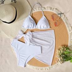 White Bikinis Children's Clothing Shein Tween Girls Solid White Casual Vacation Bikini Set 3 Piece