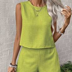 Shein Summer Solid Color Round Neck Sleeveless Top Shorts - 2pcs