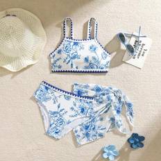 Florals Bikinis Children's Clothing Shein Tween Girls Floral Print Bikini Set With Tie Side Swimskirt