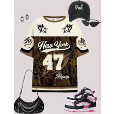 Camouflage Tops Shein Vintage Sports Style Numeric Knit T-Shirt - Bikercore