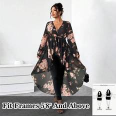 Florals Suits Shein Plus Size Elegant Woven Black Floral Chiffon Long Sleeve V-Neck Set